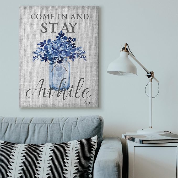 Stupell Industries Stay Awhile Blue Flower Jar Grey Word Design Canvas Wall Art, Multi-Color