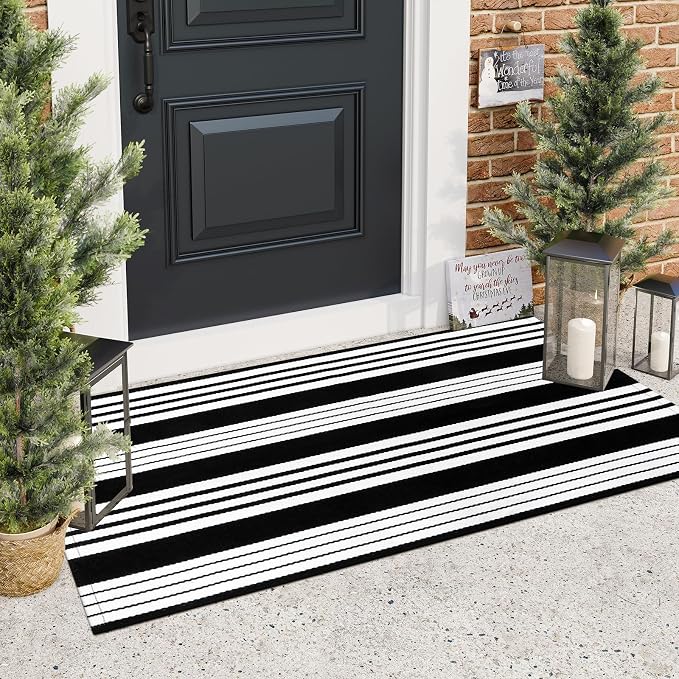 LEEVAN 2'X4.3' Black and White Striped Woven Cotton Reversible Outdoor Rug | Small Machine Washable Front Porch Rug, Entryway Door Mat, Indoor Layering Carpet for Farmhouse Bathroom Laundry