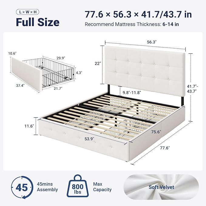 Allewie Upholstered Full Size Platform Bed Frame with 4 Storage Drawers and Adjustable Headboard, Square Button Tufted, Wooden Slats Support, Noise-Free, No Box Spring Needed, Easy Assembly, White