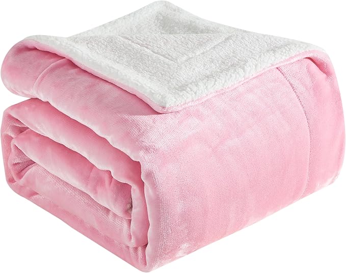 Elegant Comfort Ultra Soft Reversible Flannel Sherpa Blanket - Cozy Silky Fleece Throw for Couch, Bed - Plush Fuzzy Warm Winter Blanket for Gift, Queen, Light Pink
