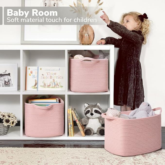 Goodpick Cotton Rope Storage Basket for Gifts, 13" x 10" x 9", Pink | Toy, Book & Baby Essentials Storage, Nursery & Closet Organization, Reinforced Handles, Stylish Home Decor
