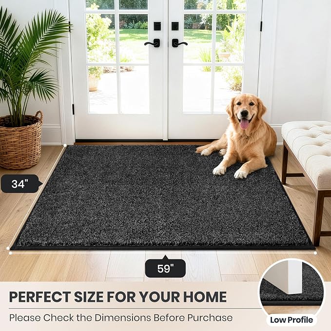 PURRUGS Dirt Trapping Door Mat 34" x 59", Non-Slip Machine Washable Entryway Rug, Dog Doormat, Indoor Front Door Mat, Super Absorbent Entry Rug for Muddy Shoes & Paws, Charcoal