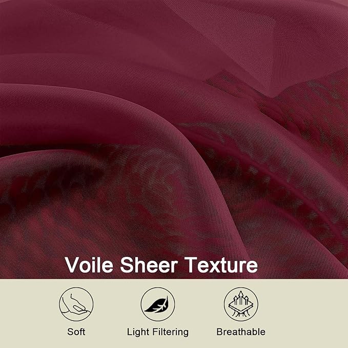 Burgundy Sheer Curtain for Bedroom Living Room 72 Inches Long 2 Panels Set - Image 3