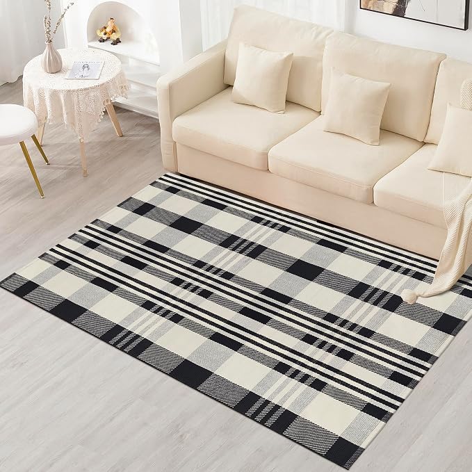 Buffalo Plaid Rug 3x5 Cotton Woven Buffalo Check Area Rug Black and Off White Front Porch Doormat Checkered Outdoor Carpet Washable Indoor Outdoor Layered Door Mats for Entryway Kitchen Farmhouse