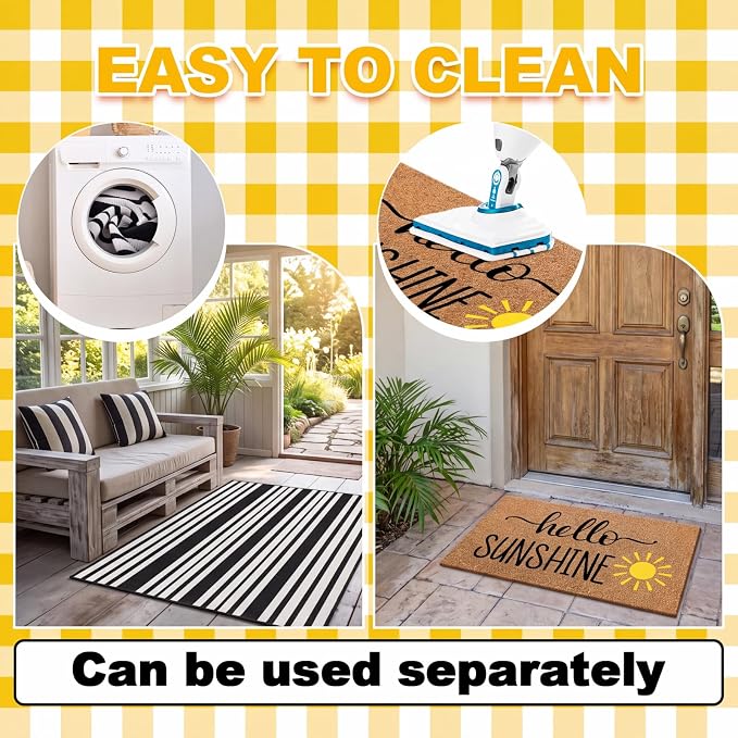 Moucuny 2 Pcs Summer Hello Sunshine Coir Door Mat 24'' x 35'' Black and White Striped Outdoor Rug 16'' x 28'' Yellow Sunshine Coir Doormat Non Slip Seasonal Welcome Doormat for Porch Front Decor