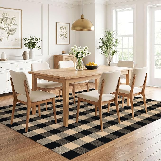 KILOCOCO Buffalo Plaid Checkered Rug 5x7 ft Living Room Rug Brown and Black | Machine Washable Rug for Front Porch, Indoor Outdoor Rugs, Cotton Dining Room Carpet, Low Pile Farmhouse Bedroom Rug