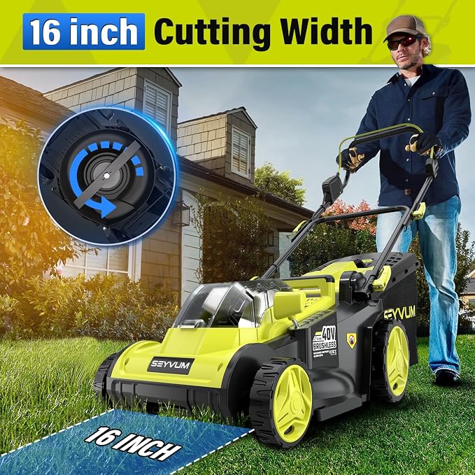 SEYVUM 40V 16" Cordless Lawn Mower with 2×4.0Ah Battery, 45L Collection Bag | 6-Position Height Adjustment, 2.4A Fast Charger Included