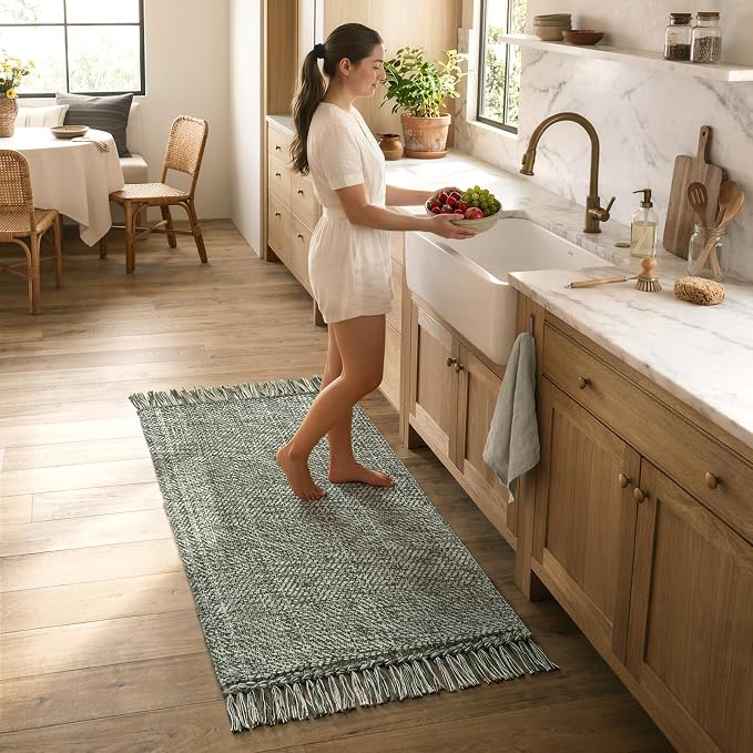 Collive 2' x 4.3' Indoor Outdoor Rug, Modern Farmhouse Sage Green Kitchen Runner Rugs Hand-Woven Bathroom Mat, Boho Washable Front Door Mats Reversible Entry Carpet for Laundry Bedroom Porch Decor