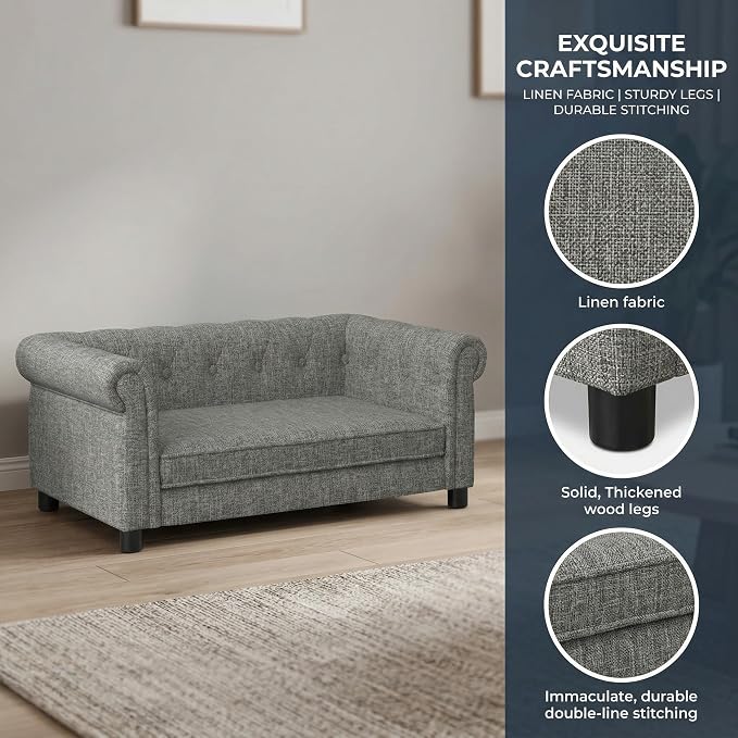 38.9" Upholstery Elevated Dog Sofa with Button‑Tufted Backrest & Rolled Armrests, Pet Couch Bed with Removable Soft Cushion, Comfy Modern Deep Seat Raised Dog Bed for Living Room, Bedroom, Light Grey