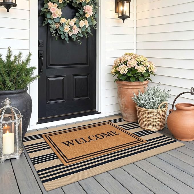 KOZYFLY Striped Rug 2.3x3.6 ft Front Door Mat Brown and Black Cotton Woven Washable Indoor Outdoor Rug for Entryway Porch Kitchen Patio Decor Small Area Rugs