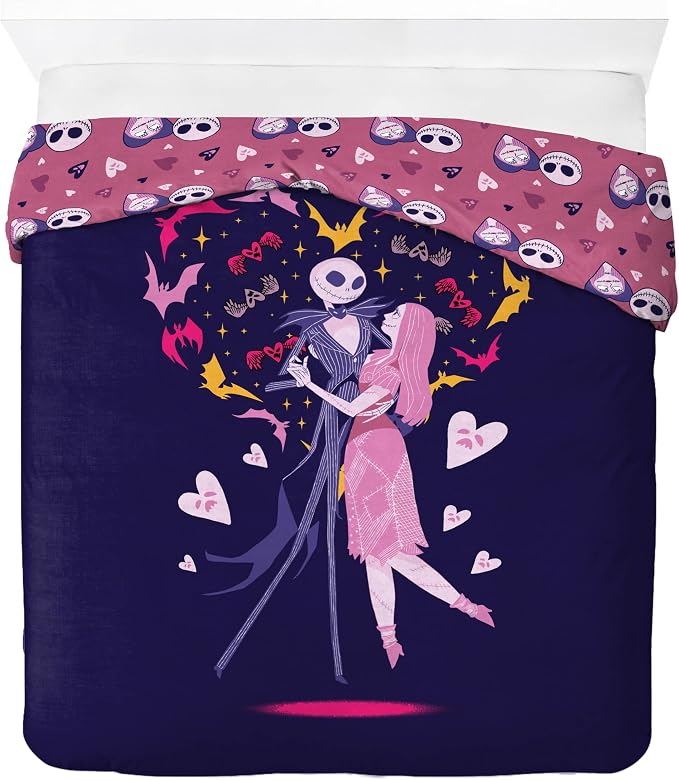 Jay Franco Duvet Cover Set – 3 Piece Comforter Cover and Sham Set, Super Soft Cozy Kids Bedding (Insert Not Included) Purple - Nightmare Before Christmas, Queen