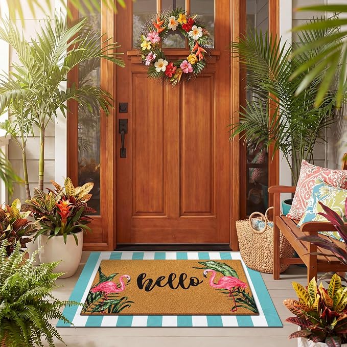 Tinideya 2 Pcs Summer Flamingo Layering Doormats Sets, Tropical Palm Leaves Hello Coir Door Mat with Rug for Porch Entryway Outdoor Decor