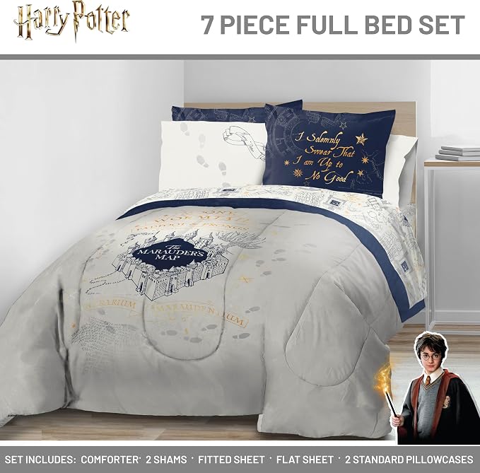 Harry Potter Full Comforter Set 7 Piece Soft Fantasy Bedding, Beige | Hogwarts, Bed in a Bag, Comforter Sheets Shams Pillowcases, Official Product, Soft Microfiber, Machine Washable, Gift