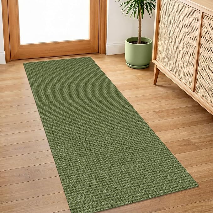 IOHOUZE Washable Runner Rug 2x5 Non Slip Runners for Hallways Entryway Runner Indoor, Kitchen Throw Rug Woven Cotton Floor Carpet for Hall Entrance Bedroom, Olive Green/Earthy Green