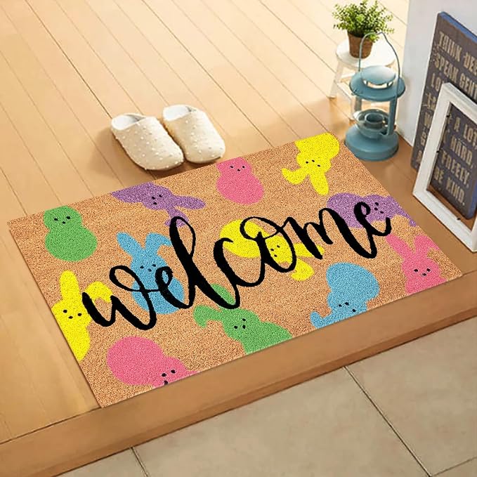 JarThenaAMCS Easter Natural Coir Doormat Colorful Bunny Rabbit Floor Mat Non-Slip Entrance Door Rugs for Indoor Outdoor Home Bathroom Decor, 16.5 x 29 Inch