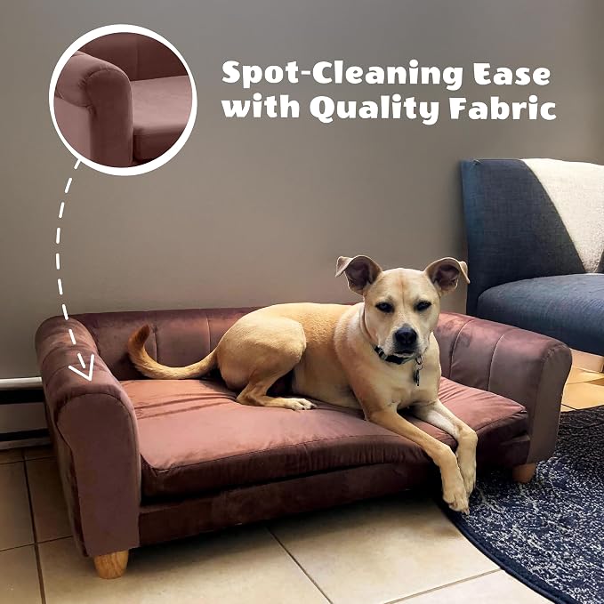 CRITTER SITTERS 42-in. Elegant Brown Faux-Velvet Rectangular Dog Sofa for Medium and Large Dogs, Elevated Plush Dog Couch