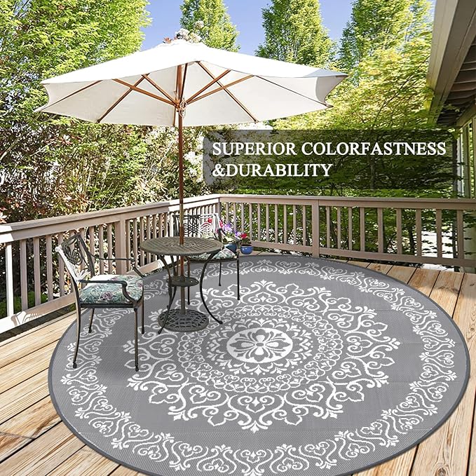 Pauwer Outdoor Rug 8ft, Waterproof Plastic Straw Camping Rug, Floral Grey | Reversible Patio Rug, UV Resistant Indoor Outdoor RV Mat Carpet For Deck, Camper, Porch, Balcony, Backyard, Picnic, Foldable