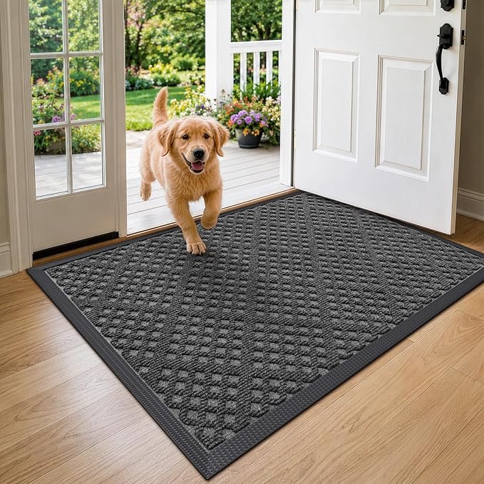 DEXI Front Door Mat Outside Entrance, 32x48 Heavy Duty Entry Doormat Dirt Trapper with Rubber Back, Non Slip Low Profile Floor Mats for Entryway Exterior Patio, Rhombic Grey