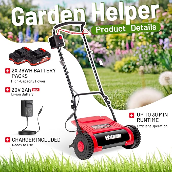 Walensee 16" Cordless Electric Reel Lawn Mower - Battery Powered Push Mower | Dual 36Wh Batteries, 380W Motor, Precision 5-Blade Cut, Quiet Operation， for Small to Medium Yards