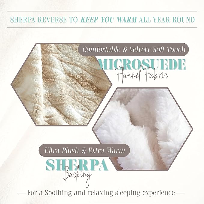 Elegant Comfort Throw Blanket, Reversible Sherpa Flannel, Ultra-Soft, Fuzzy, Cozy and Plush- All Season Lightweight Decorative Throw, 50 x 60 inches, Alaska Sherpa Throw, Beige