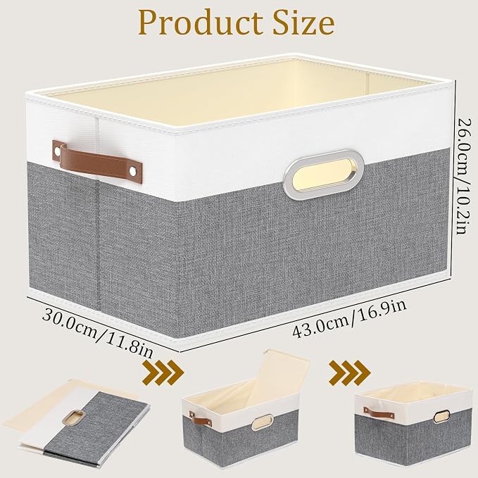 Yawinhe Collapsible Fabric Storage Bins,16.9x11.8x10.2in,White/Grey,4-Pack | Foldable Storage Baskets for Shelves, Closet Boxes for Organization, Washable Closet Organizer for Towels, Canvas Bins