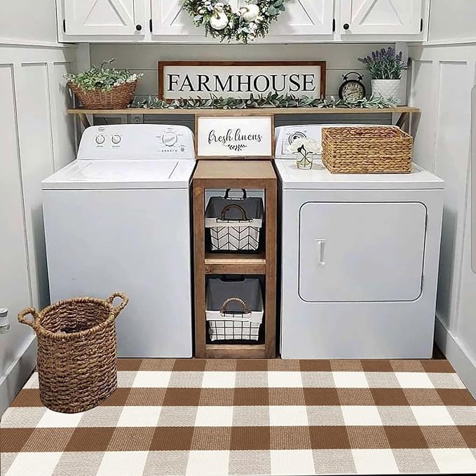 Buffalo Plaid Outdoor Rugs, 2'x4'3'' Brown and White Checkered Indoor/Outdoor Area Rug, Layering Rug for Hello/Welcome Door Mat, Washable Cotton Woven Farmhouse Mat for Fall Front Porch Décor