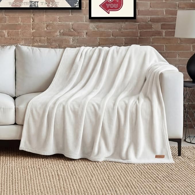 Lucky Brand Solid Plush Throw Blanket, Snowy White, 50"x70" | Soft, Cozy, Timeless Comfort