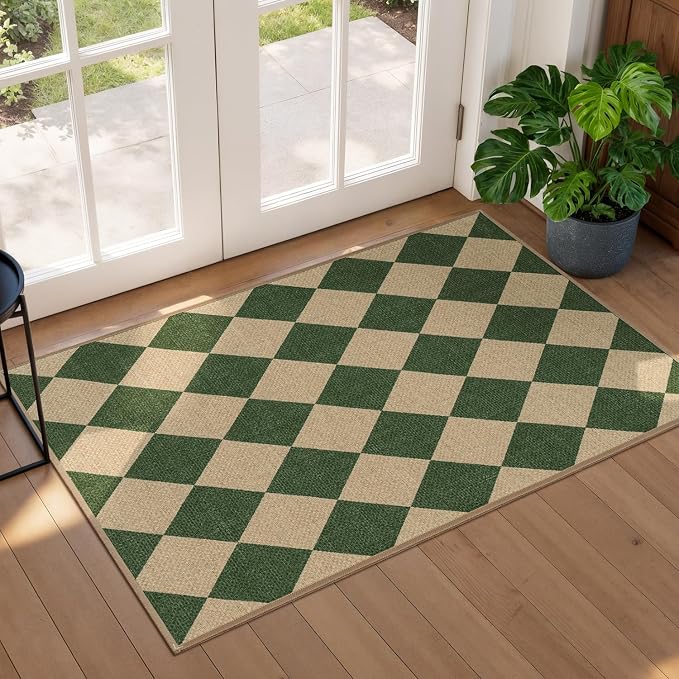 Lessymo Checkered Easy Jute Entryway Rug, 2x3 Washable Front Indoor Mat | Non Slip Area Rugs, Stain Resistant, Non Shed Outdoor Carpet for Kitchen Bathroom Porch Bedroom Bedside, Diamond Green/Beige