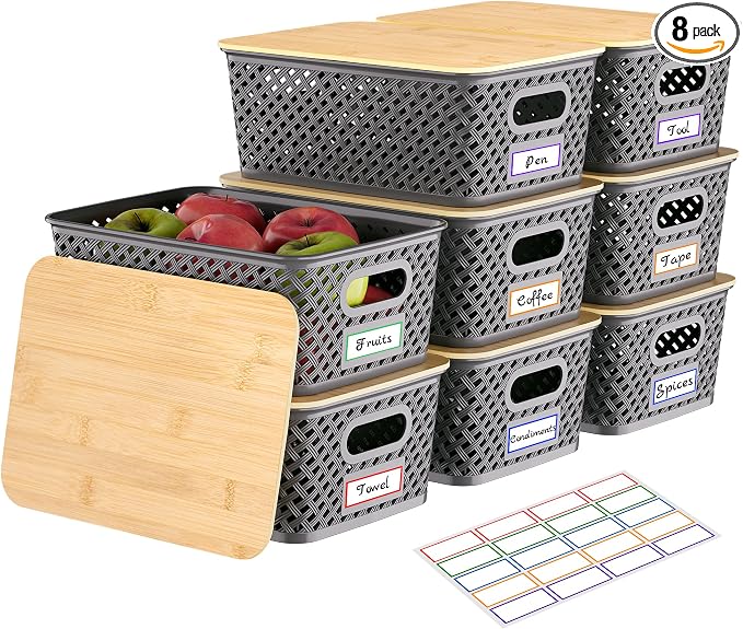 Anysig 8 Pack Plastic Storage Bins with Bamboo Lids, 5.2 QT Stackable Bins | Decorative Small Storage Basket Containers for Organizing Shelves Office Classroom Desktop Closet, Grey
