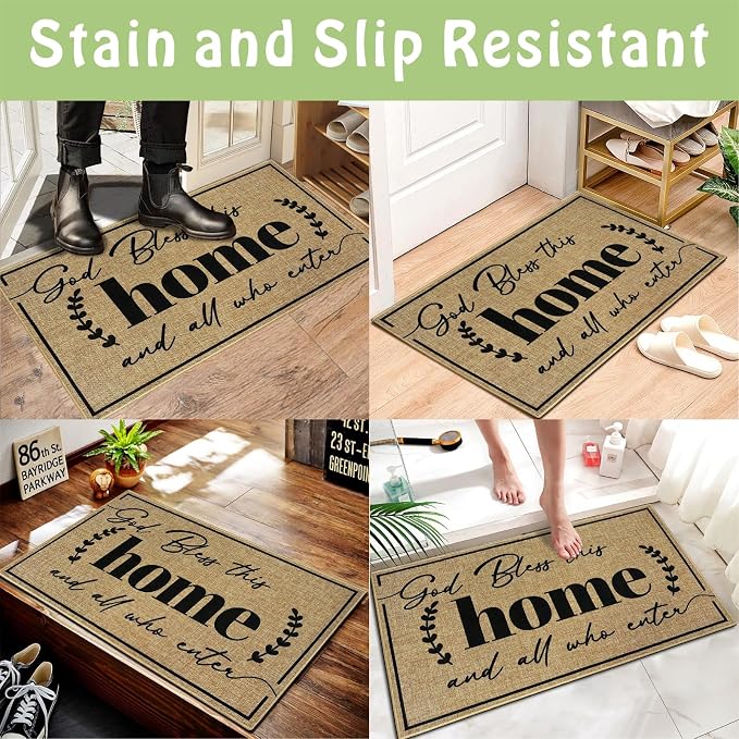 Door Mat Home Mats for Front Door Indoor Outdoor Entrance Welcome Mats with Non-Slip Backing God Bless Mat for Family Housewarming Gifts Durable Porch Hallway Floor Rugs Home Decoration 16.9"x29.9"