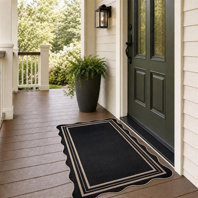 EDIMENS 2.6x4 Front Door Mat Easy Jute Scalloped Outdoor Small Entryway Rug | Non-Slip Washable Area Rug Low Pile Geometric Black Doormat Indoor Outdoor Farmhouse for Entrance Entry Front Porch Doorway
