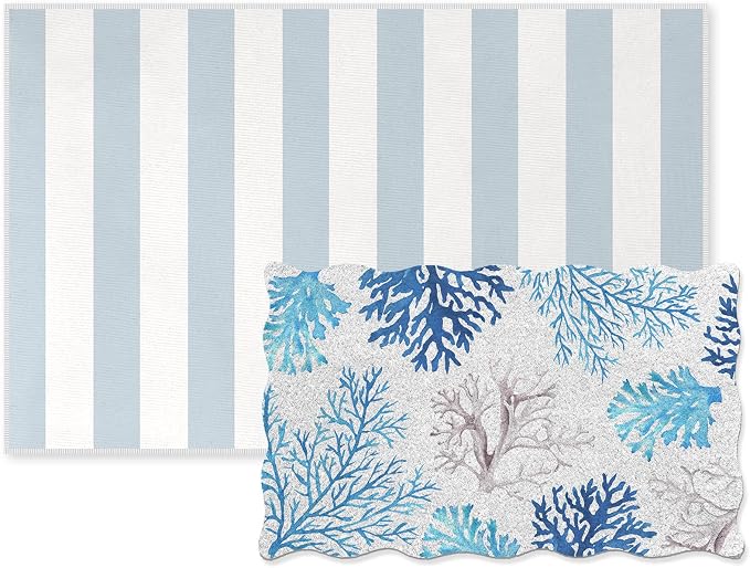 Fourluoo 2 Piece Beach Door Mat Combo Set 100% Coco Coir Welcome Mat and 28 x 40 Inch Blue White Striped Rug Layering Front Door Rug for Outdoor Entrance Front Porch