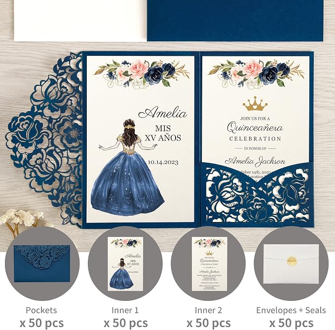 DORIS HOME 50Pcs Personalized Laser Cut Quinceanera Invitations, Blue | 4.7"x7.1", Customized Quince Invitations, For 15th Birthday, Sweet 16, With Envelopes