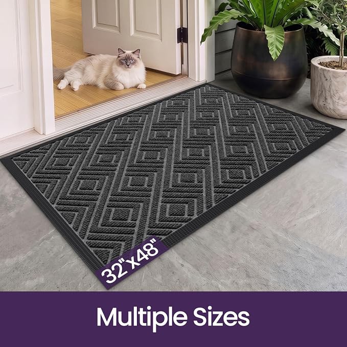 DEXI Front Door Mat Outside Entrance, 32x48 Heavy Duty Entry Doormat Dirt Trapper with Rubber Back, Non Slip Low Profile Floor Mats for Entryway Exterior Patio, Checkered Grey