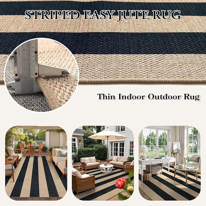 Lahome Striped Easy Jute Living Room Rug, 8x10 Outdoor Patio Rugs Washable | Black Indoor Area Rug, Modern Farmhouse Geometric Non Slip Non Shedding Carpet for Office Backyard Dining Room Sunroom