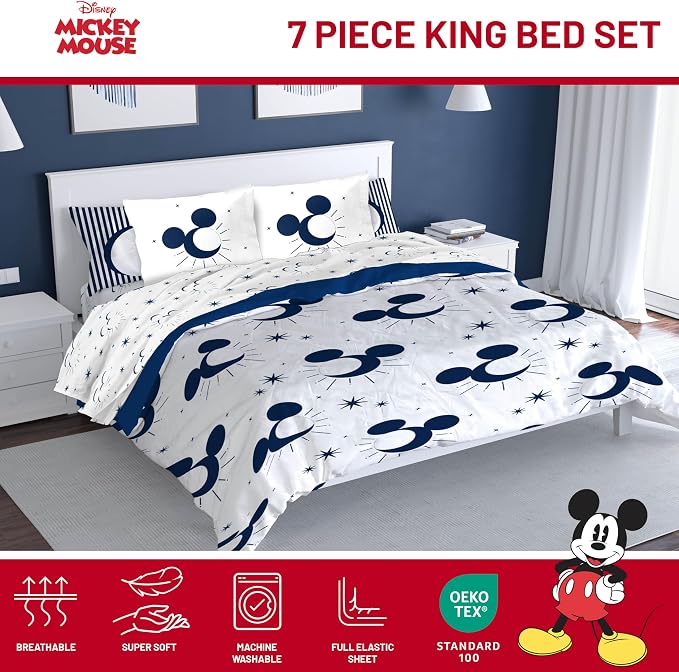 Disney Mickey Mouse King Comforter Set 7 Piece Celestial Bedding, White | Bed in a Bag, Comforter Sheets Shams Pillowcases, Official Product, Soft Microfiber, Machine Washable, Easy Care