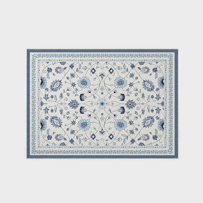 EVERGRACE Area Rugs for Living Room 5x7, Boho Floral Faux Wool Indoor Outdoor Rugs, Washable Rugs for Bedroom Dining Room Entryway Kitchen, Low Pile Floor Mat Carpet for Home Decor, Porcelain Blue