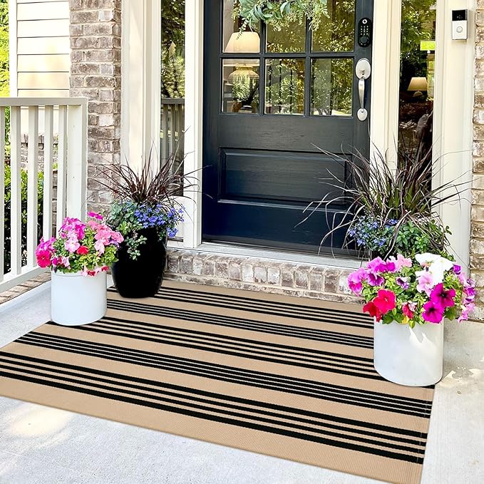 OJIA Outdoor Rug 3'x5', Black Tan Patio Rug Front Door Mat Outside Entrance | Machine Washable Area Rug Cotton Woven Entryway Rug Indoor Striped Carpet for Porch/Deck/Backyard/Camping/Outdoor Decor