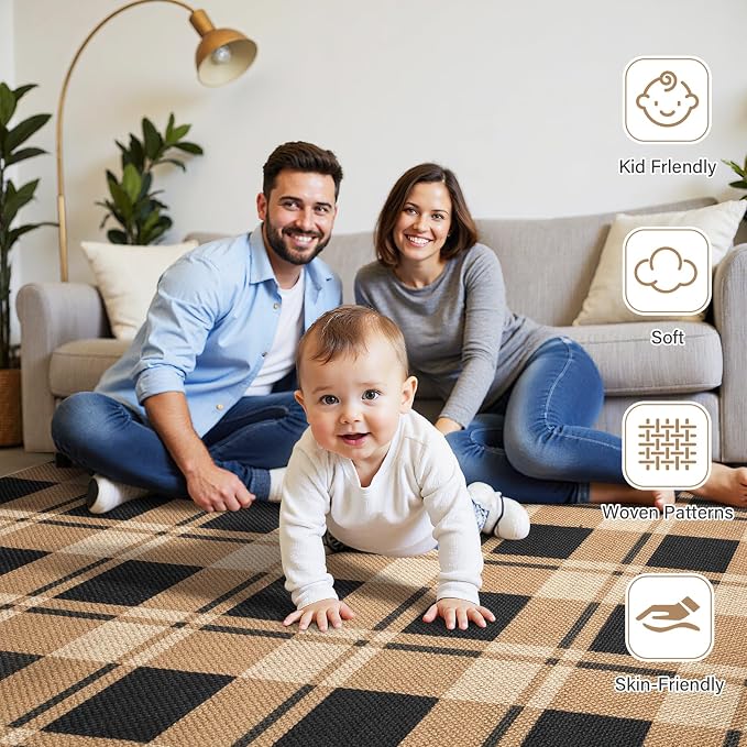 AROGAN Checkered Jute 4x6 Area Rugs, Washable Outdoor Patio Rug for Living Room Entrance Indoor Outdoor Carpet, Farmhouse Design Neutral Geometric Rugs for Front Porch Mat Dining Room