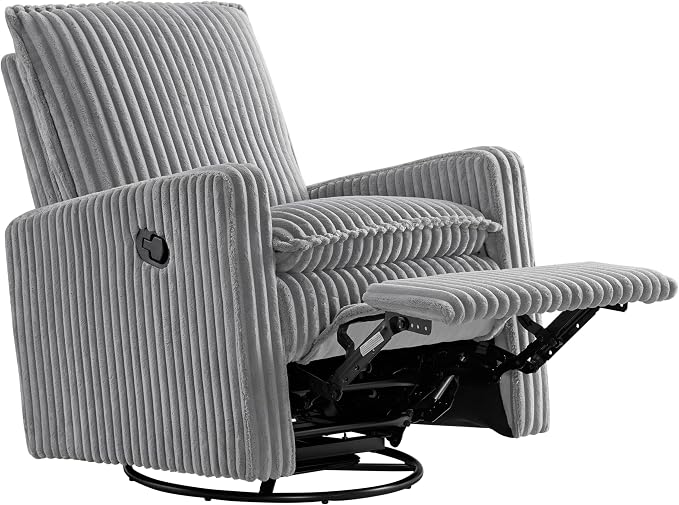 Oxford Baby Uptown Upholstered Glider Recliner Rocking Chair 360° Swivel for Nursery and Living Room - Corduroy Ash Gray, Green Guard Gold Certified