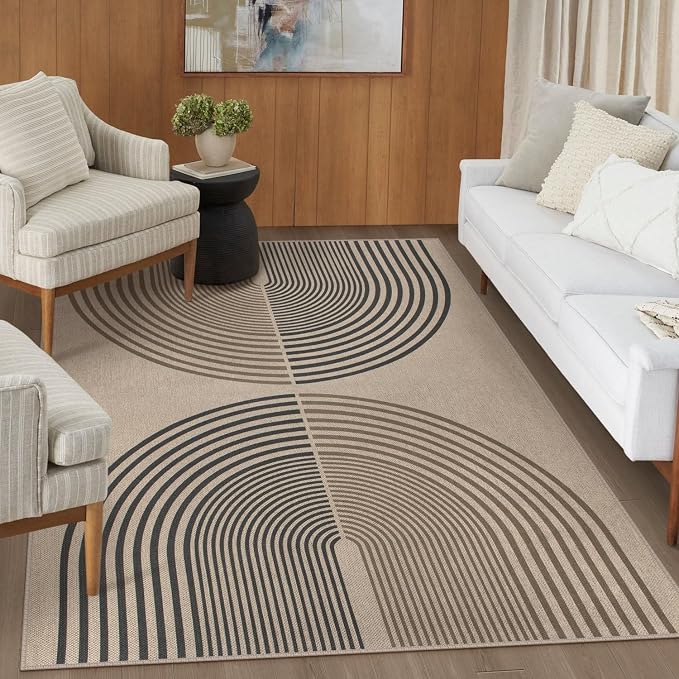 Rugalia Easy Jute 5x7 Outdoor Patio Rug, Washable Modern Boho Rugs for Living Room, Non-Slip Farmhouse Rainbow Outdoor Mat Neutral Abstract Floor Carpet for Patio Dining Room Backyard