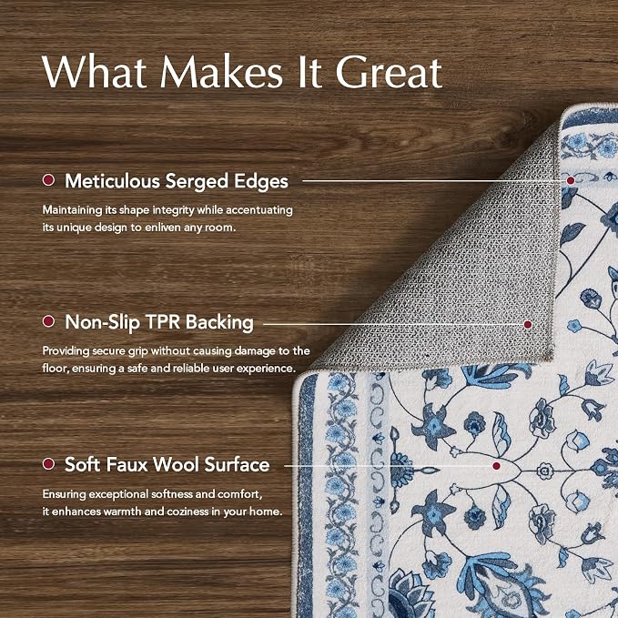 EVERGRACE Area Rugs for Living Room 4x6, Boho Floral Faux Wool Indoor Outdoor Rugs, Washable Rugs for Bedroom Entryway Dining Room Hallyway, Low Pile Floor Mat Carpet for Home Decor, Porcelain Blue