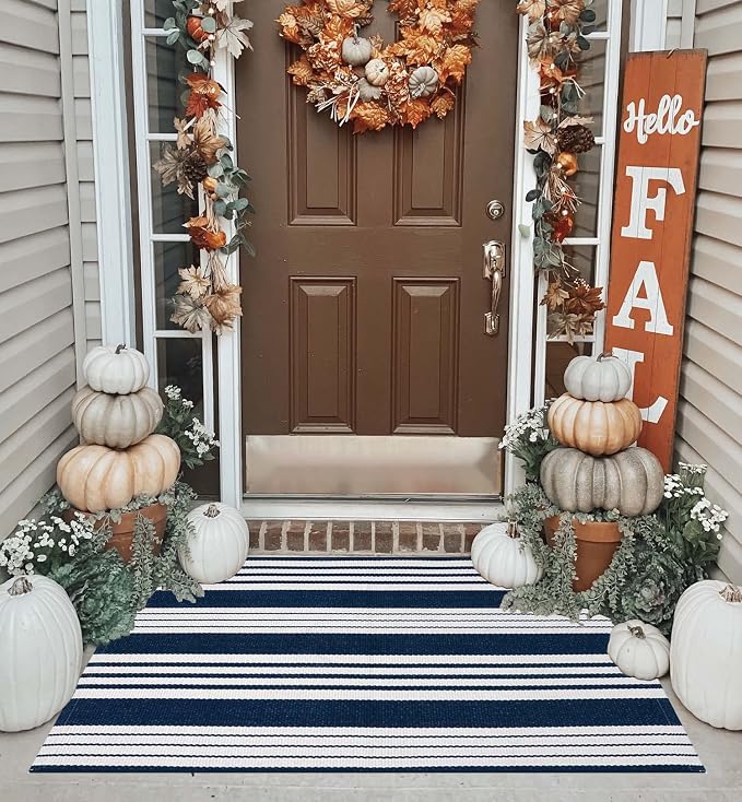 Blue and White Striped Doormat 24'' x 35'' Front Porch Rug Machine Washable Indoor Outdoor Doormat for Front Porch Hand-Woven Entryway Rug for Laundry/Bathroom/Bedroom