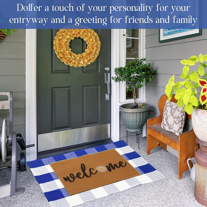 2 Pcs Outdoor Door Mat Combo Set Layered Outdoor Rug and Coir Welcome Doormat Non Slip Outside Floor Mat for Front Porch Entryway Patio Yard Decor(Blue Daisy,24'' X 35'',24'' X 16'')