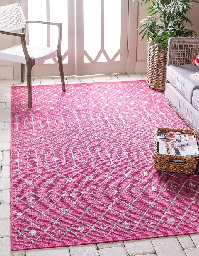 Unique Loom Outdoor Trellis Collection Area Rug - Tribal Trellis (9' x 12' Rectangle, Fuschia/ Gray)