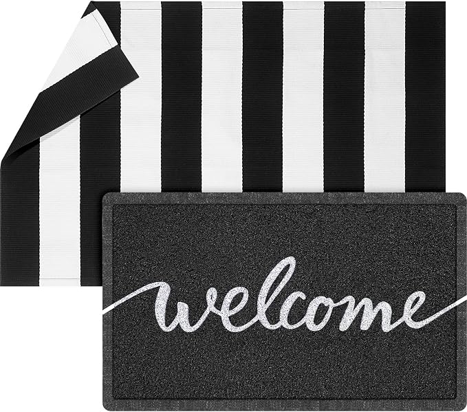 Geelin 2 Pcs 30'' x 18'' Doormat 43'' x 27.5'' Black and White Layered Rug for Front Door Mat Outside Entrance Welcome Door Mats for Indoor Outdoor Entryway Porch Decor(Stripe Welcome)