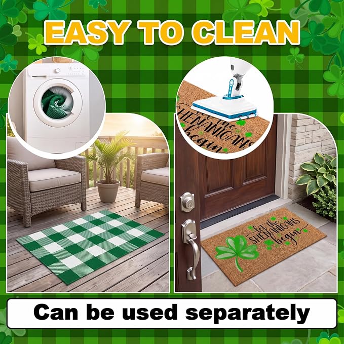 Moucuny 2 Pcs St. Patrick's Day Coir Door Mat Outdoor Rug Lucky Shamrock Welcome Outdoor Mat Green and White Buffalo Plaid Doormat for St. Patrick's Day Irish Front Door Porch Entryway Decor