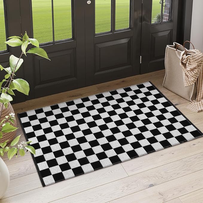Seavish Checkerboard Rug, 2x3 Ft Black and White Checkered Outdoor Door Rug | Washable Cotton Woven Washable Outdoor Door Rugs, Reversible Floor Mat for Front Door Bedroom Entryway Kitchen