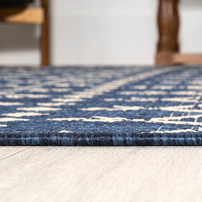 JONATHAN Y Moroccan Geometric Indoor Outdoor Round Area Rug 9 Ft Navy/Beige, Ourika Textured Weave for Backyard, Patio, Porch, Easy-Cleaning, High Traffic, Pet-Friendly, Non-Shedding (SMB108K-9R)