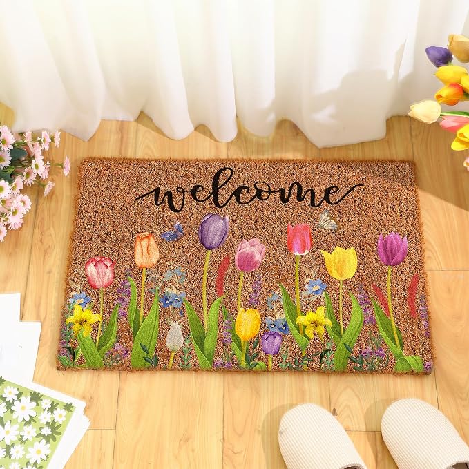 Ceenna Spring Welcome Doormat Outdoor Spring Coir Door Mat Flowers Butterfly Front Door Mat Indoor Non Slip Floral Front Porch Rugs for Home Entrance Decoration, 16 x 28 Inch
